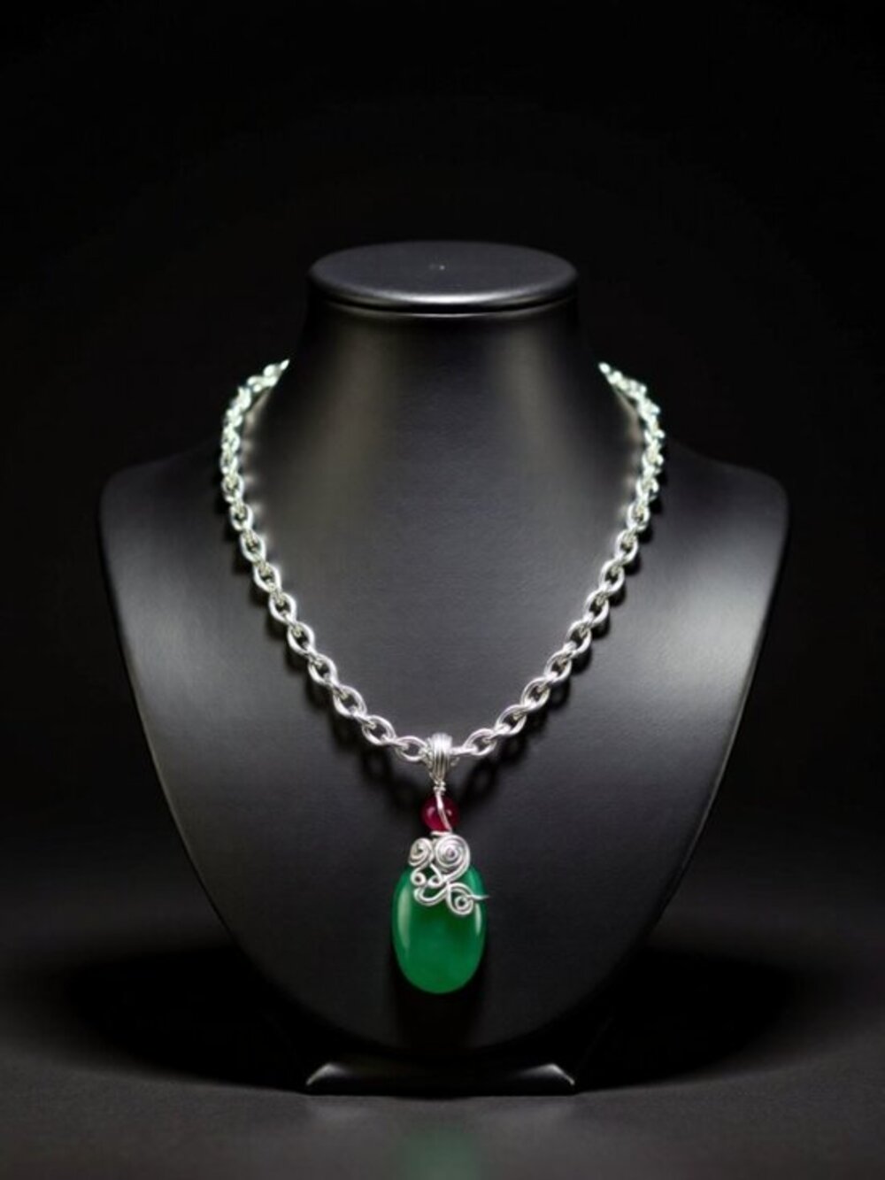 Handmade! Green + Raspberry Agate Pendant w. 18" Rope Chain - Vibrantly Unique!